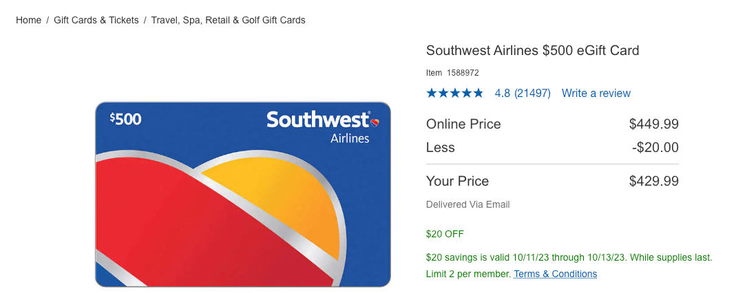 You are currently viewing Save $70 on upcoming Southwest Airlines flights with a discounted $500 gift card available at Costco